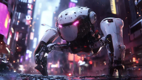 Quadruped combat drone stalks neon city street in rain-soaked dusk.
