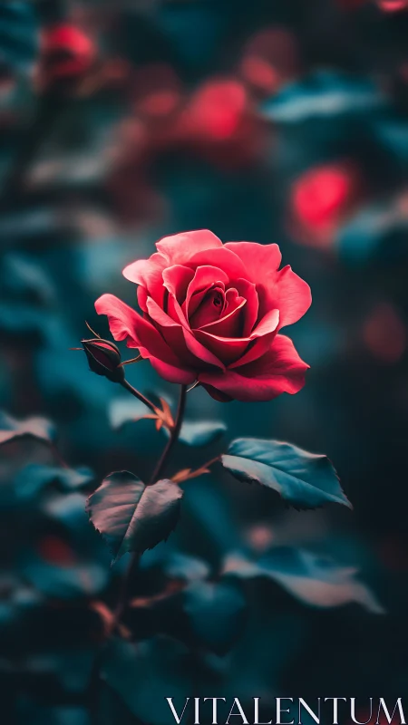 Red rose blooms in sharp focus against blurred teal background.