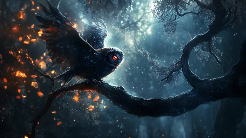 Nocturnal owl on branch in dense illuminated forest scene.