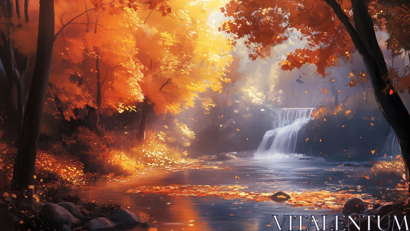 Sunlit autumn forest frames tranquil river waterfall view