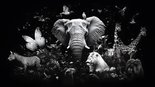 Monochrome wildlife tableau stages central elephant amid flora