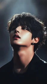 Dramatic low-angle portrait renders glossy skin and soft glow