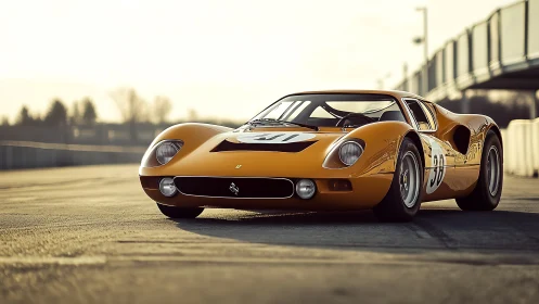 Golden vintage race car basks in gentle evening track light