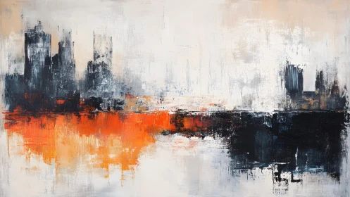 Abstract City Skyline with Reflections in Vibrant Orange Hues.