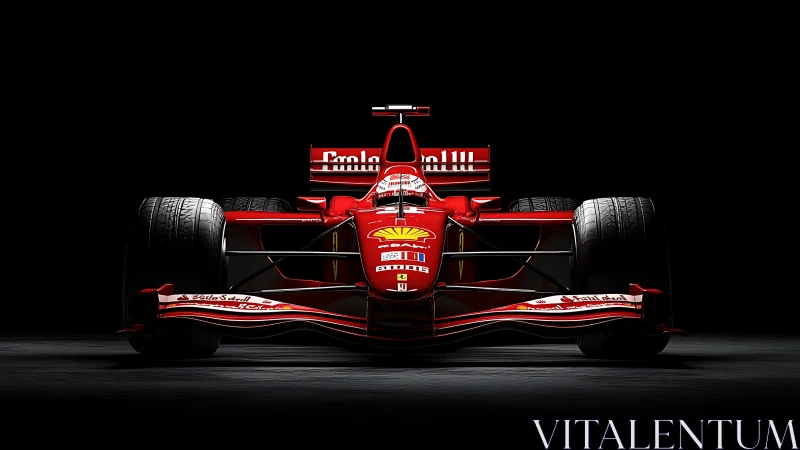 Red Formula 1 racing car front view on dark background.