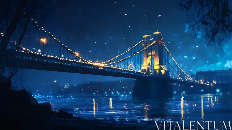 Luminous river bridge at night in deep cobalt hues.