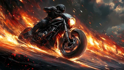 Midnight rider carving fire through a stormy horizon.