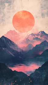 Surreal pink sun over misty mountains and reflective lake.