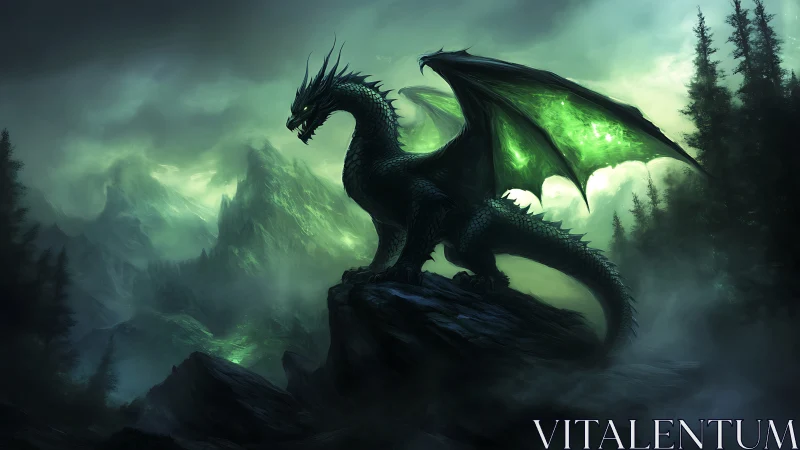 Bioluminescent emerald dragon on misted alpine crag at dusk