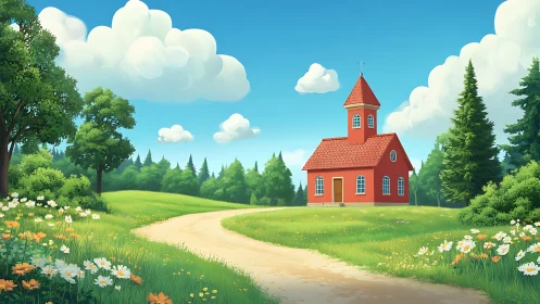 Sunny meadow chapel under storybook clouds and winding path.