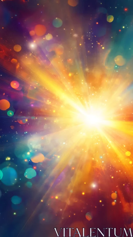 Radiant central light burst with multicolored abstract bokeh.
