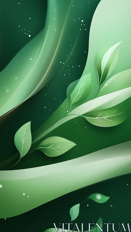 Gentle green leaves drift softly through a calm abstract breeze