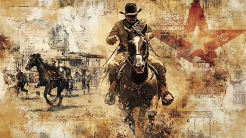Dynamic cowboy charge rendered in layered sepia digital painting