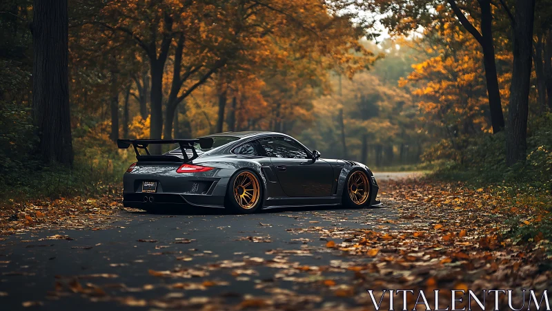 Modified sports car rests on a quiet autumn forest road.