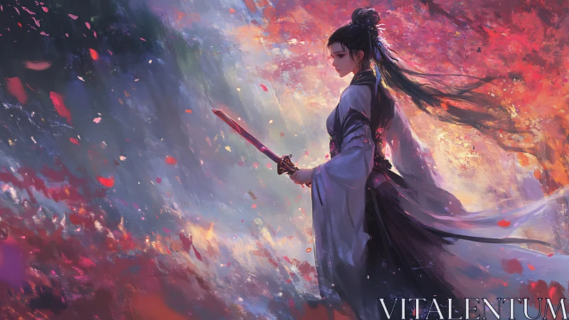 Dynamic wuxia swordswoman in flowing hanfu amid swirling bokeh petals