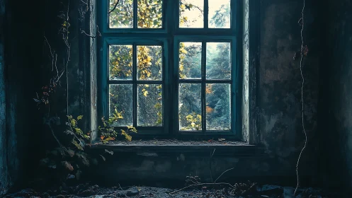 Decayed interior framing luminously backlit autumn foliage.