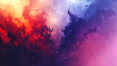 Nebula-like abstract clouds with opposing dark silhouettes.