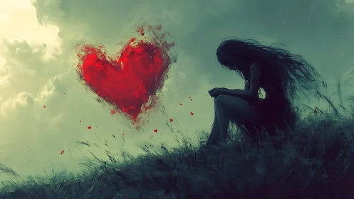 Crimson heart glows beside a quiet figure on a dusky hill