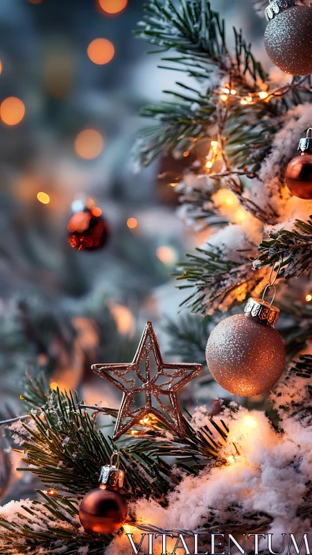 Snow-dusted Christmas tree with copper lights and baubles.