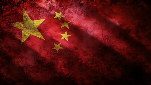 Chinese flag grunge texture with dramatic angled light beams.