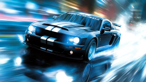 High-speed blue muscle car drifts through neon-lit wet cityscape