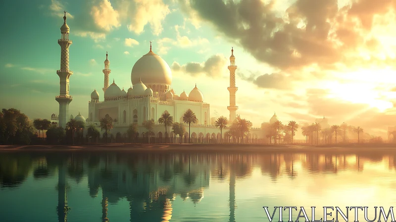 Sunlit mosque and minarets glow beside tranquil water at dawn.