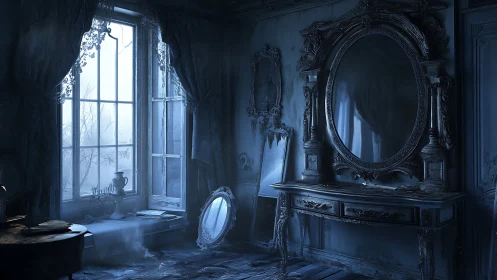 Abandoned Victorian vanity glows in eerie winter light