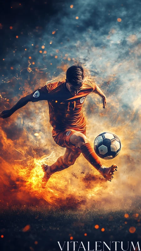 Dynamic soccer player kicking ball in fiery action scene.