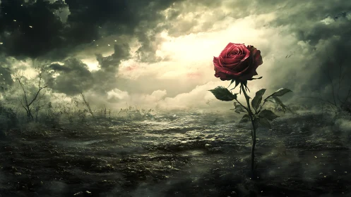 Lone crimson rose blazing against a storm-torn wasteland.