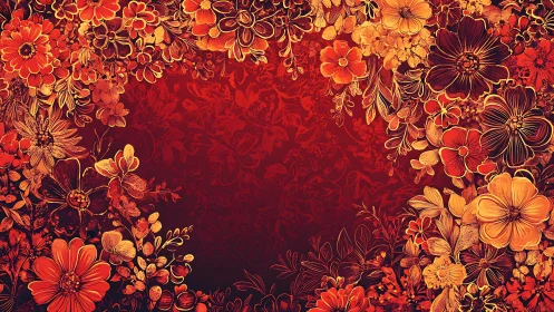 Red and Gold Floral Border Composition with Central Negative Space