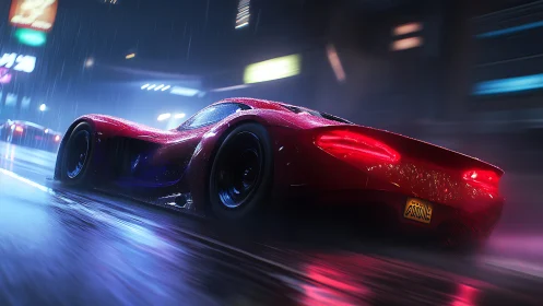 Midnight red supercar glides through neon-lit rainy streets