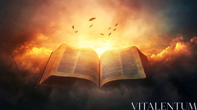 Ancient sacred book glows amid fiery clouds and rising light