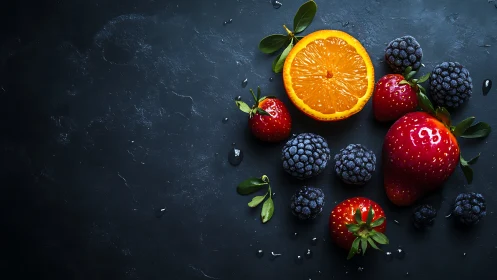 Vibrant mixed berries and citrus arranged on dark slate ground