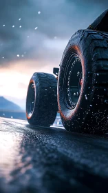 Storm-soaked monster tires bite into a glistening highway.