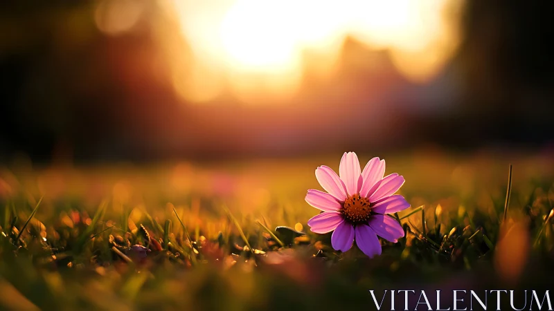 Pink daisy in golden sunset grass with soft bokeh glow.