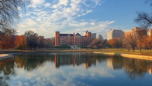 Symmetrical campus facade reflected across calm autumn lake