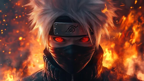High-detail ninja portrait with glowing eyes in dynamic fire field