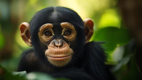 Juvenile chimpanzee portrait rendered in soft jungle bokeh lighting