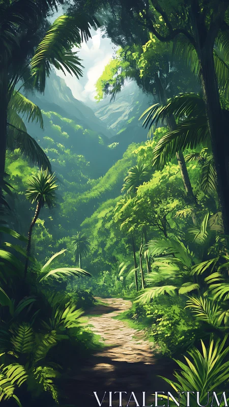 Tropical jungle valley vista with lush vegetation path