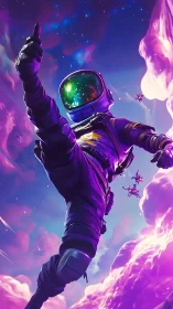 Starlit space jumper launches through neon violet clouds