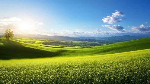 Golden hillside meadows glowing under a soft spring sunrise.