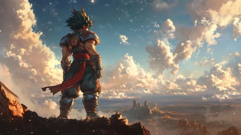 Warrior overlooking sunlit desert sky with drifting clouds.