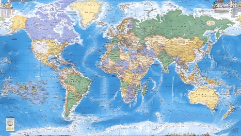 Political world map with relief shading and vivid labeling.