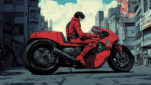 Motorcyclist on red bike in dense urban street environment.