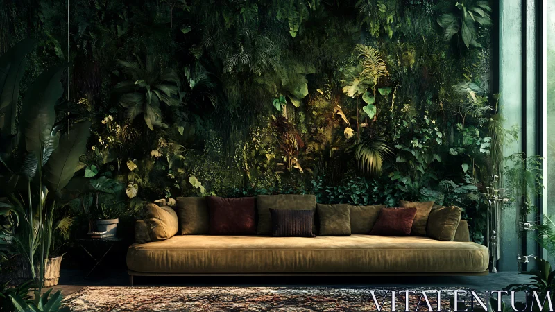 Cozy velvet sofa embraced by a lush indoor jungle wall.