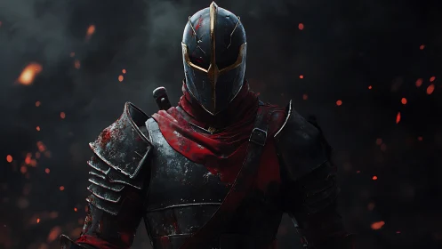Brooding armored knight amid embers in cinematic gloom.
