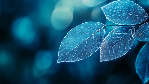 Glowing blue leaves shimmer softly against a dreamy bokeh haze