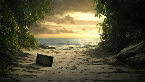 Forgotten Screen Meets Golden Sunset on Hidden Beach.
