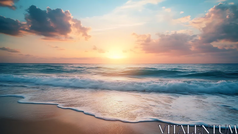 Golden sunrise glows above tranquil ocean waves at shore