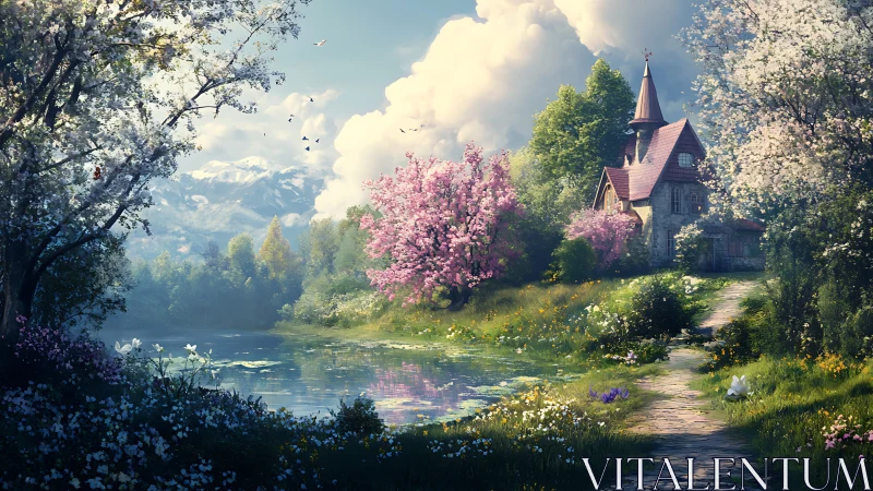 Digital painting of lakeside chapel amid luminous spring bloom.